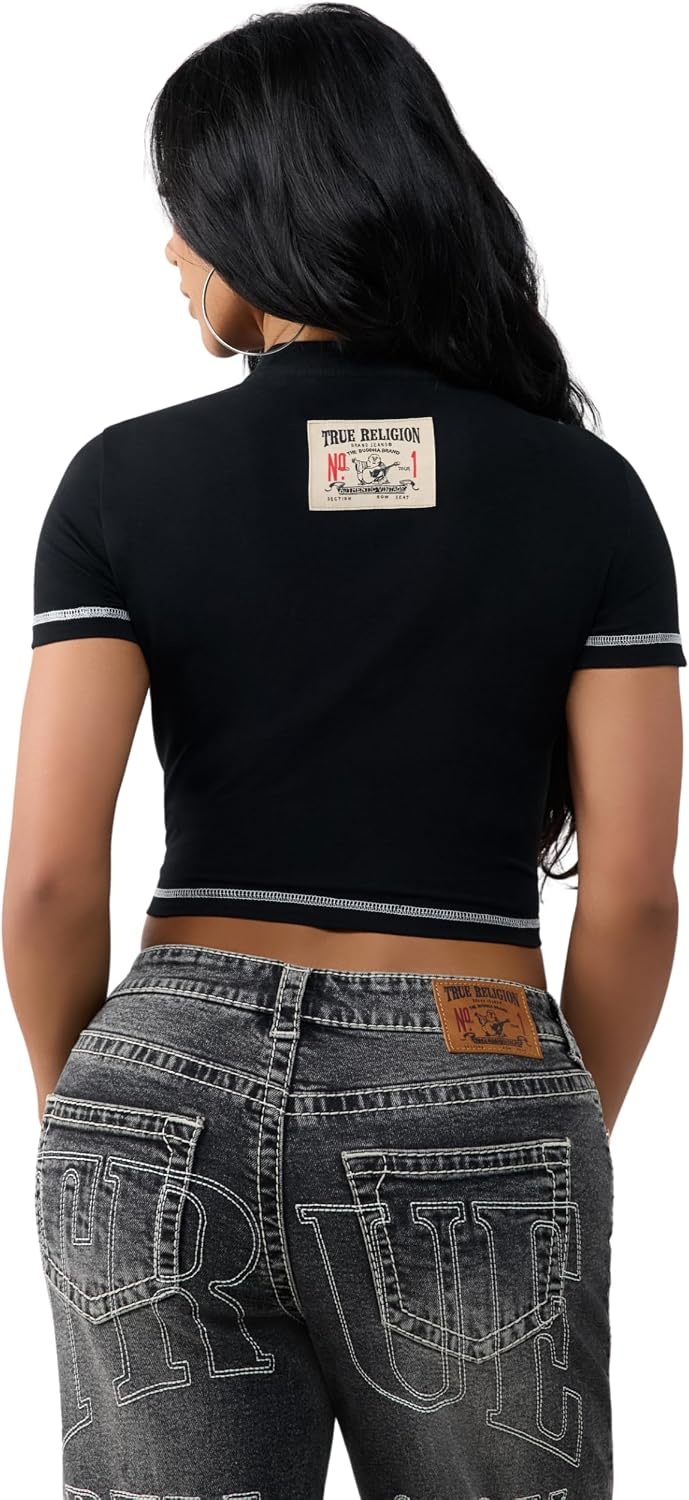 image:imageTrue Religion Womens Crystal Buddha Anniversary Tee 95 Cotton Blend Crew Neck Signature Graphic DetailJet Black