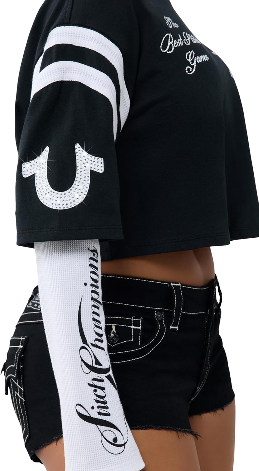 image:imageTrue Religion Womens Crystal Jersey Sporty Top 100 Cotton Sporty Fit Crystal DetailBlackWht