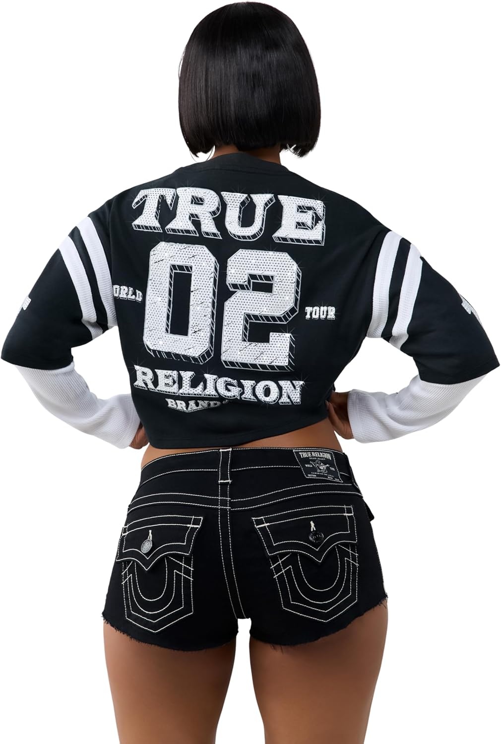 image:imageTrue Religion Womens Crystal Jersey Sporty Top 100 Cotton Sporty Fit Crystal DetailBlackWht