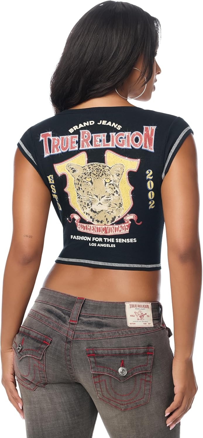 image:imageTrue Religion Womens Crystal Leopard Rib Notch Tee Poly Rayon Blend Ribbed Knit Notch NecklineJet Black