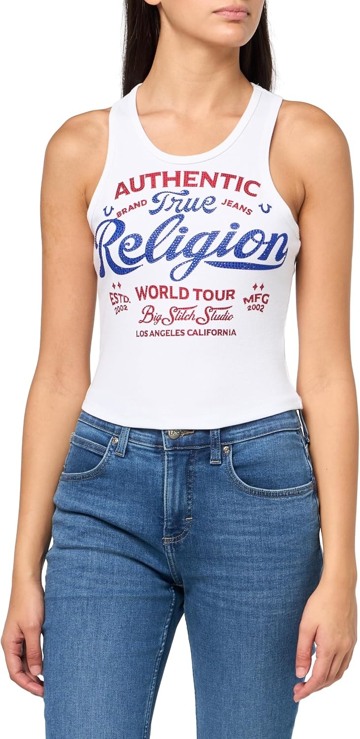 image:imageTrue Religion Womens Crystal Rib Tank Poly Rayon Blend Ribbed Fit Crystal Logo DetailOptic White