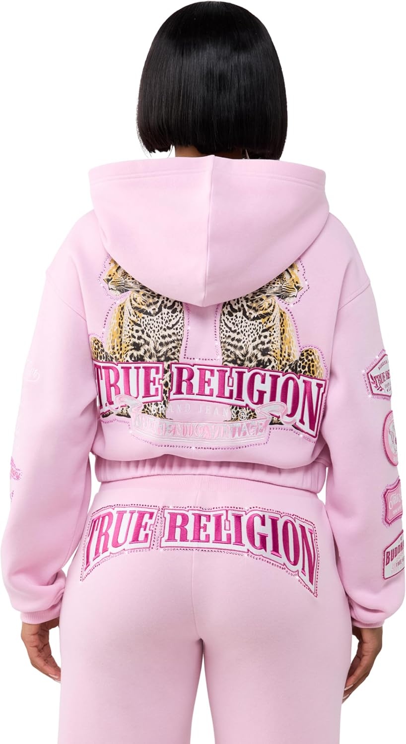 image:imageTrue Religion Womens Crystal Varsity Relaxed Zip Up Hoodie 60 Cotton 40 Polyester Relaxed Fit Signature Crystal DetailRoseate Spoonbill