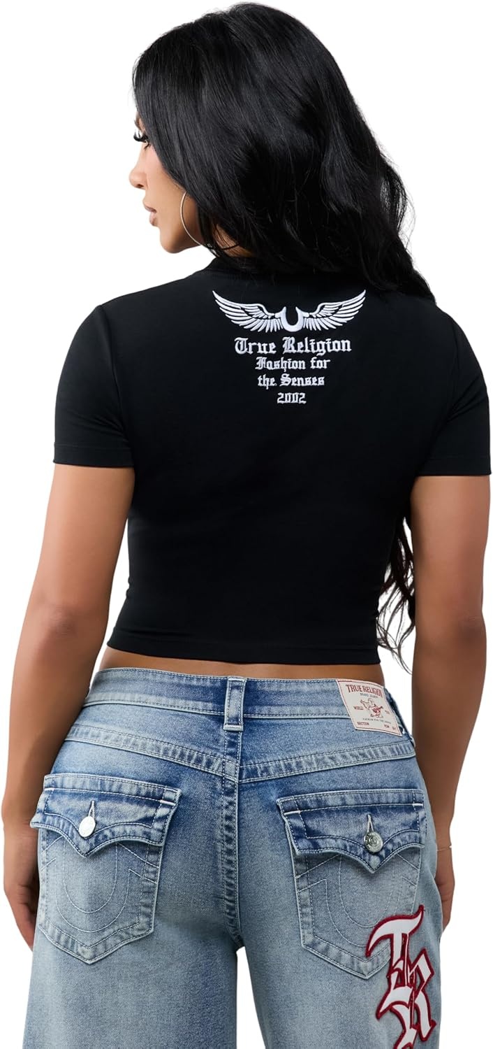 image:imageTrue Religion Womens Embroidered Patch Baby Tee 95 Cotton 5 Elastane Crew Neck Signature Embroidery DetailJet Black