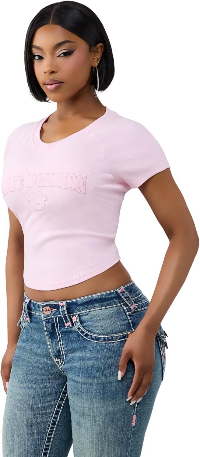 image:imageTrue Religion Womens Embroidered Washed Rib Baby Tee 95 Cotton Raglan Sleeve Washed FinishRoseate Spoonbill