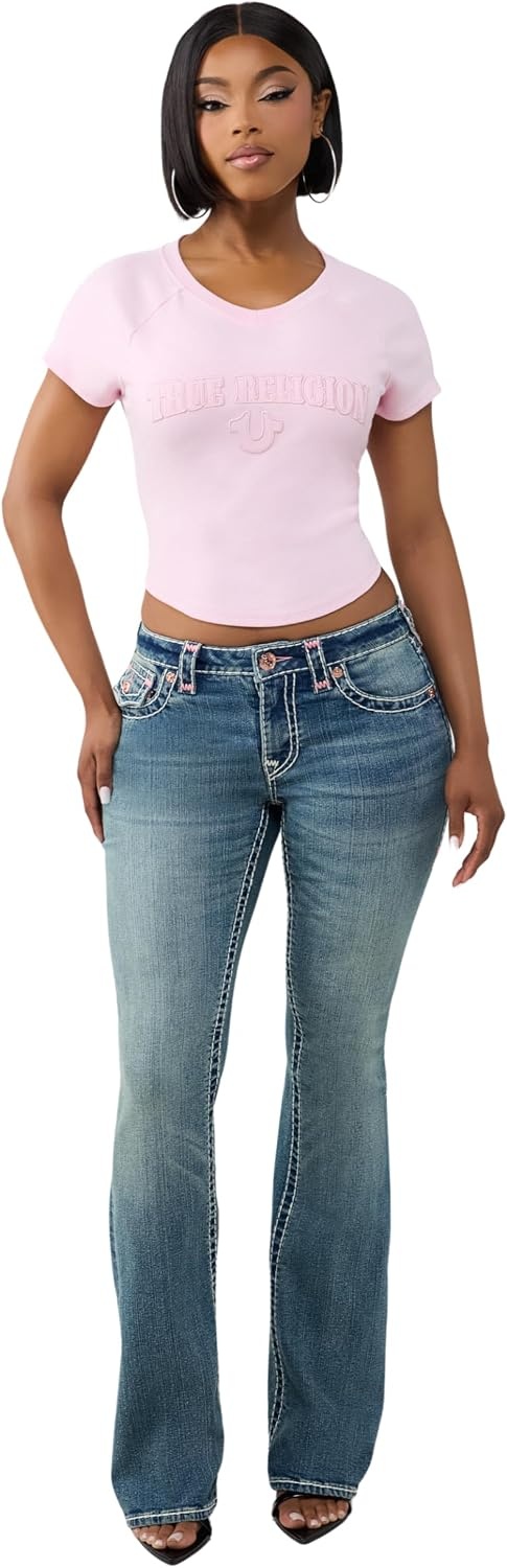 image:imageTrue Religion Womens Embroidered Washed Rib Baby Tee 95 Cotton Raglan Sleeve Washed FinishRoseate Spoonbill
