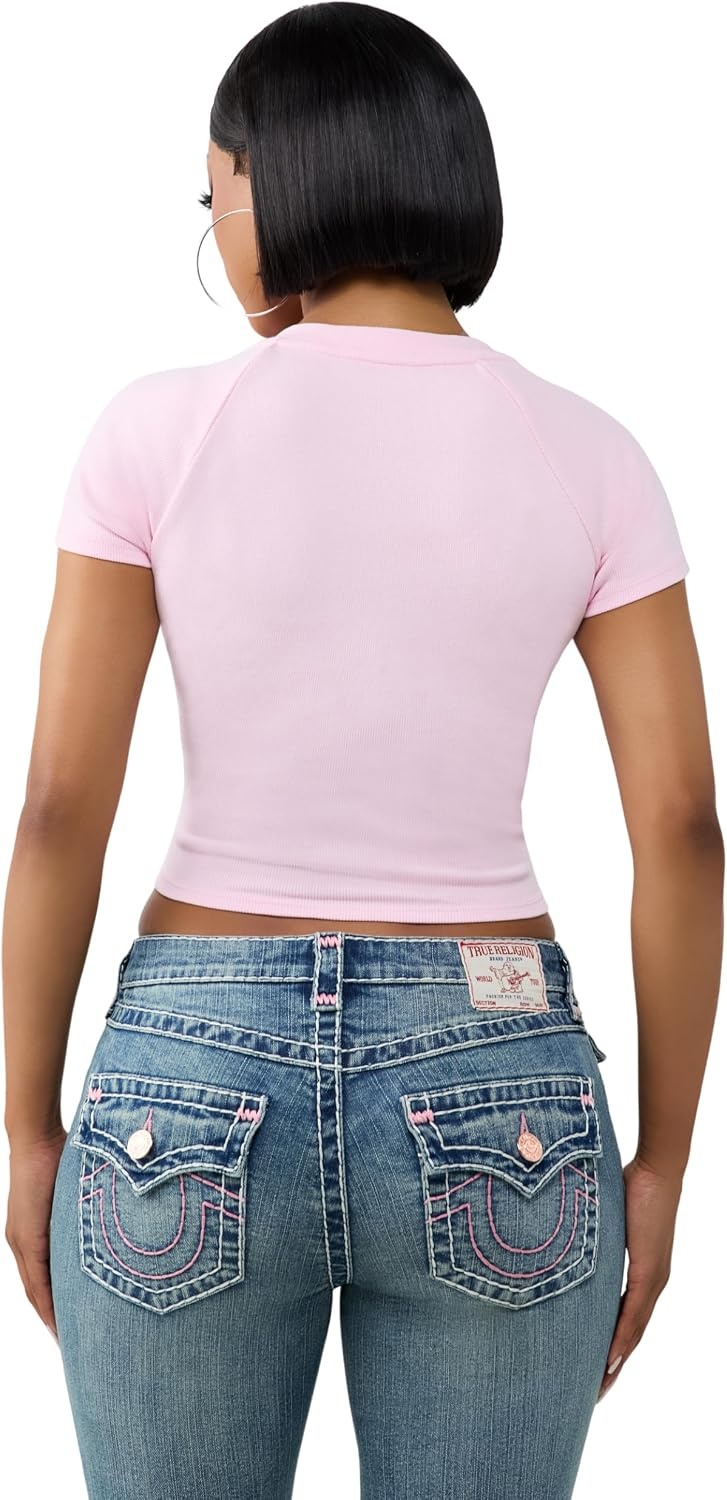 image:imageTrue Religion Womens Embroidered Washed Rib Baby Tee 95 Cotton Raglan Sleeve Washed FinishRoseate Spoonbill