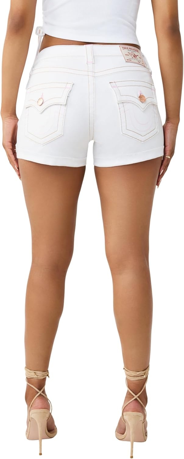 image:imageTrue Religion Womens Jennie MR Short Flap Shorts Stretch FabricBrilliant White