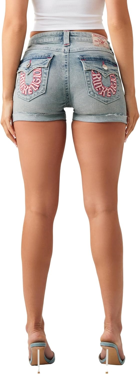 image:imageTrue Religion Womens Jennie MR Short Flap Shorts Stretch FabricFaded Heat