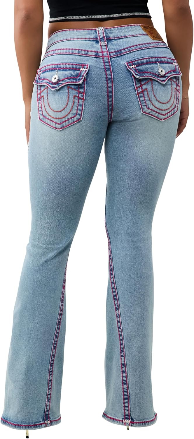 image:imageTrue Religion Womens Joey Low Rise Flare Super T Flap Pocket Jeans Cotton Blend Low Rise Fit Flap Pocket DetailLucky Neon