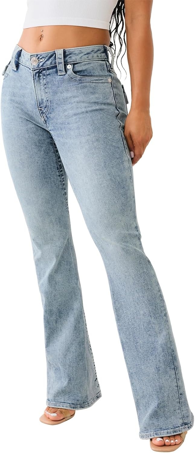 image:imageTrue Religion Womens Joey Mid Rise Flare JeansPeak Spot