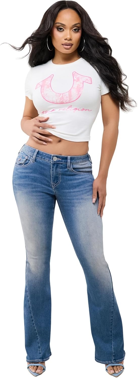 image:imageTrue Religion Womens Joey Skinny Mid Rise Flap Flare Jeans Cotton Blend Mid Rise Fit Flap Pocket DetailLight Big Sky Country Wash