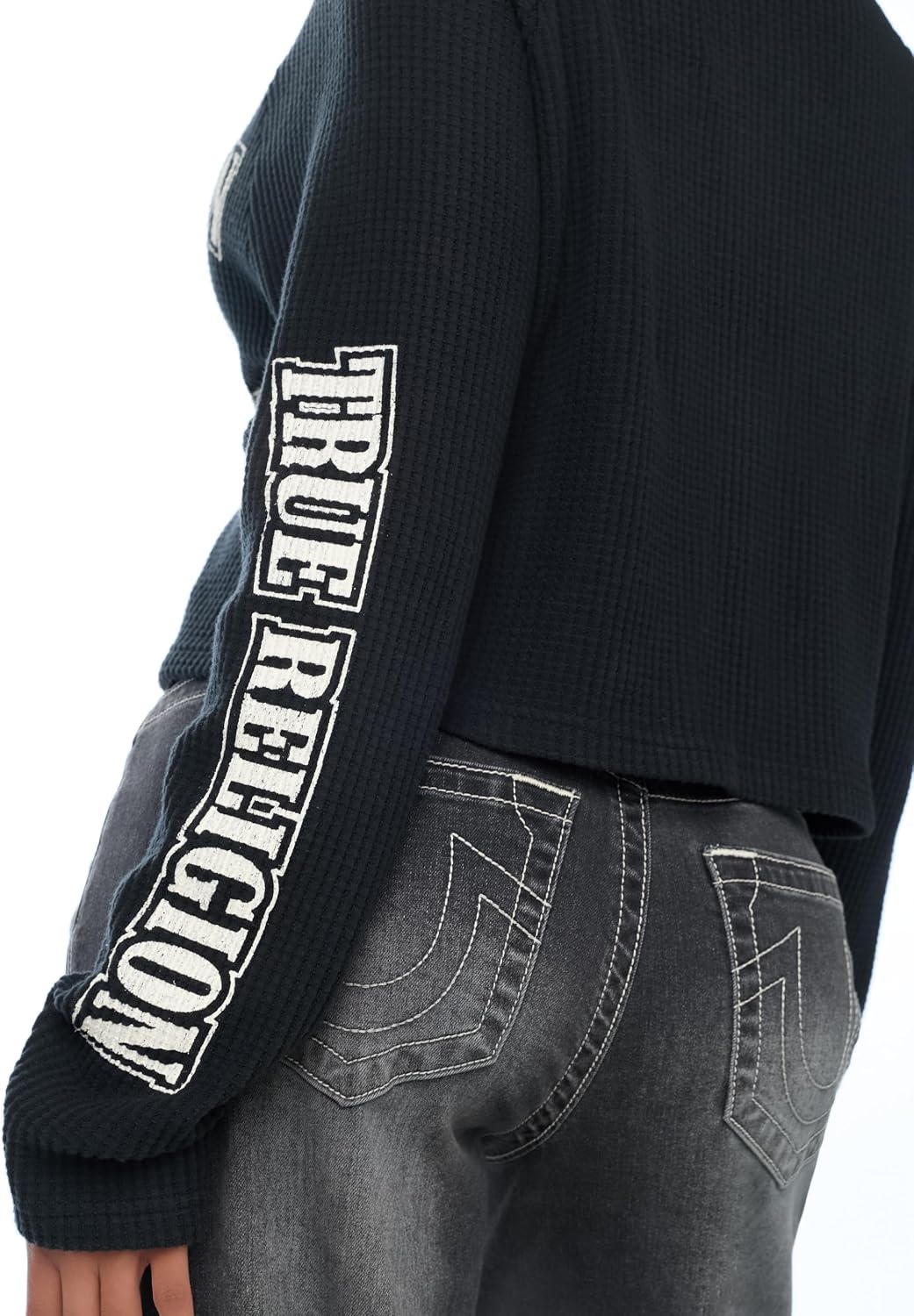 image:imageTrue Religion Womens Waffle Knit Henley Top Cotton Blend Long Sleeve Henley NecklineJet Black