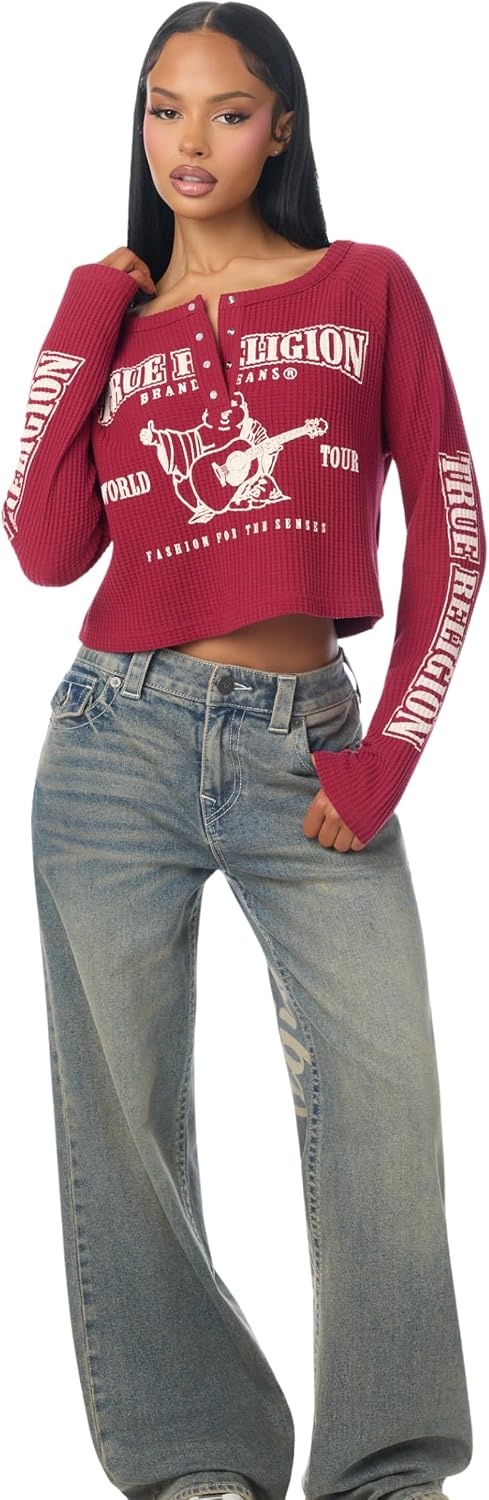 image:imageTrue Religion Womens Waffle Knit Henley Top Cotton Blend Long Sleeve Henley NecklineRumba Red