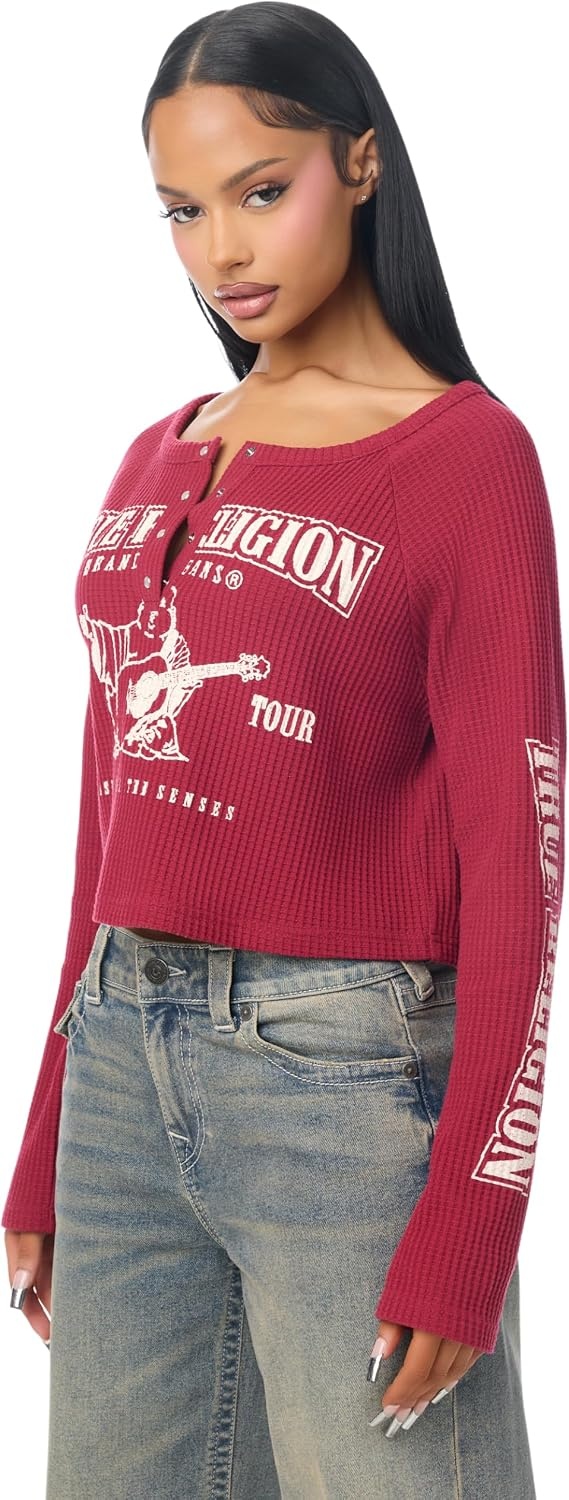 image:imageTrue Religion Womens Waffle Knit Henley Top Cotton Blend Long Sleeve Henley NecklineRumba Red