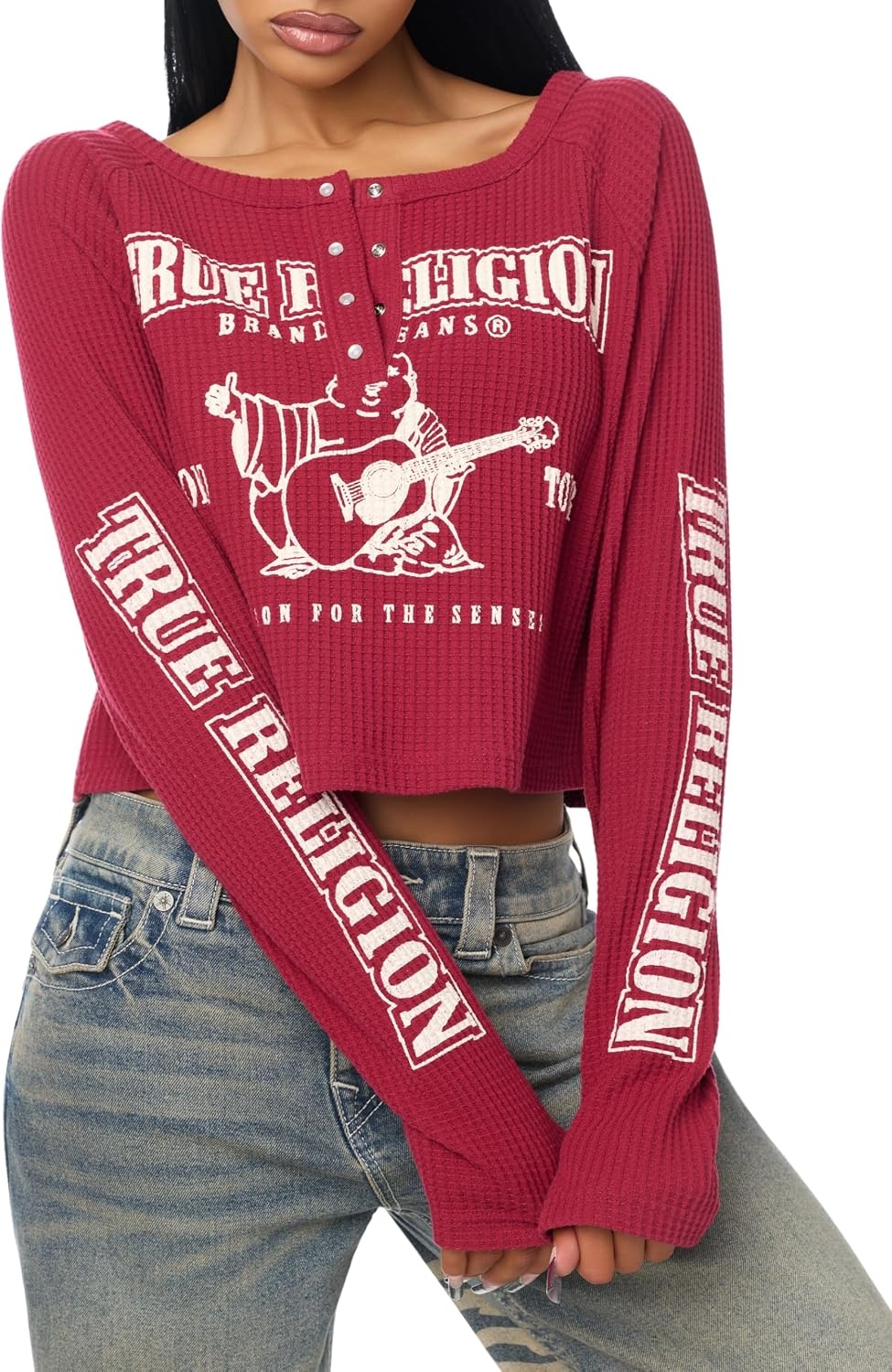 image:imageTrue Religion Womens Waffle Knit Henley Top Cotton Blend Long Sleeve Henley NecklineRumba Red