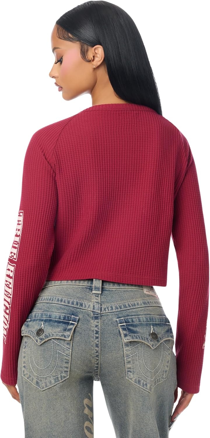 image:imageTrue Religion Womens Waffle Knit Henley Top Cotton Blend Long Sleeve Henley NecklineRumba Red