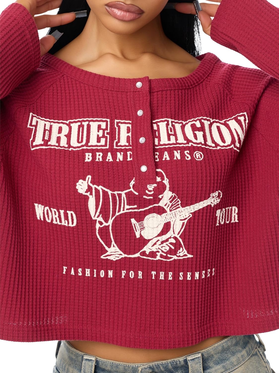 image:imageTrue Religion Womens Waffle Knit Henley Top Cotton Blend Long Sleeve Henley NecklineRumba Red