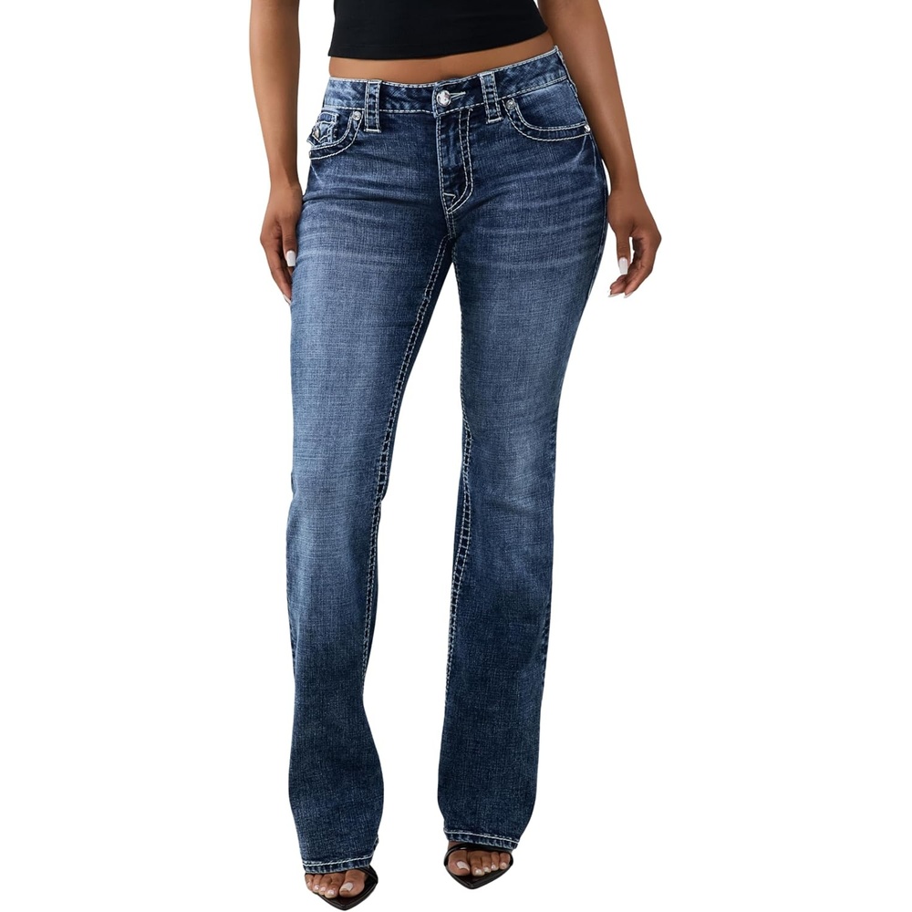 image:imageTrue Religion Womens Becca Mid Rise Bootcut Big T Flap Pocket Jeans Cotton Blend Crystal Detail Bootcut FitAstral Tide