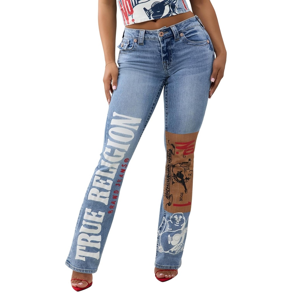 image:imageTrue Religion Womens Becca Mid Rise Bootcut Flap Pocket Jeans Cotton Blend Bootcut Silhouette Flap Pocket DetailMedium Wash