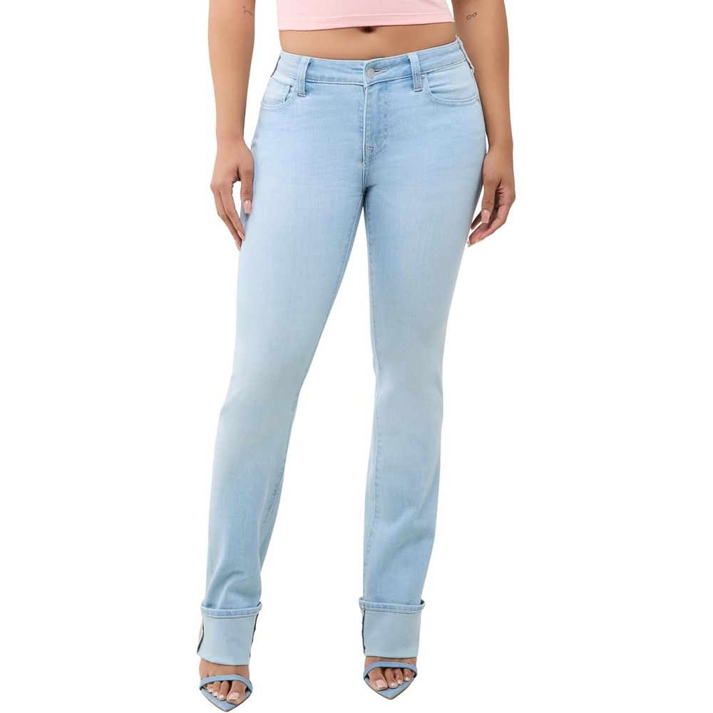 image:imageTrue Religion Womens Billie Skinny No Flap Cuff Mid Rise Straight Jeans Cotton Blend Cuffed Hem Mid Rise FitLight Rainwater Wash