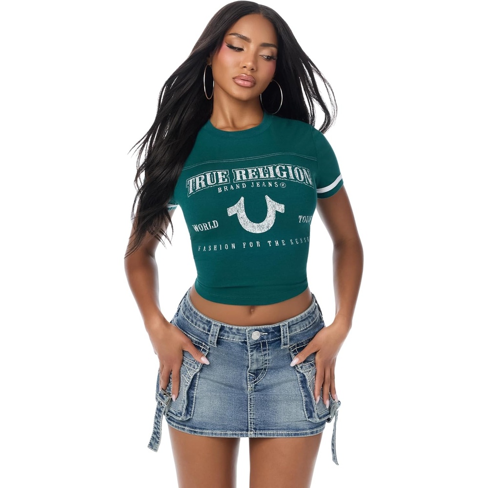 image:imageTrue Religion Womens Crystal Horseshoe Baby Tee 95 Cotton 5 Elastane Crew Neck Fitted SilhouetteBotanical Garden