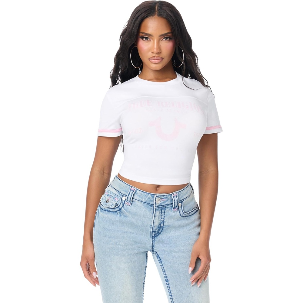 image:imageTrue Religion Womens Crystal Horseshoe Baby Tee 95 Cotton 5 Elastane Crew Neck Fitted SilhouetteOptic White