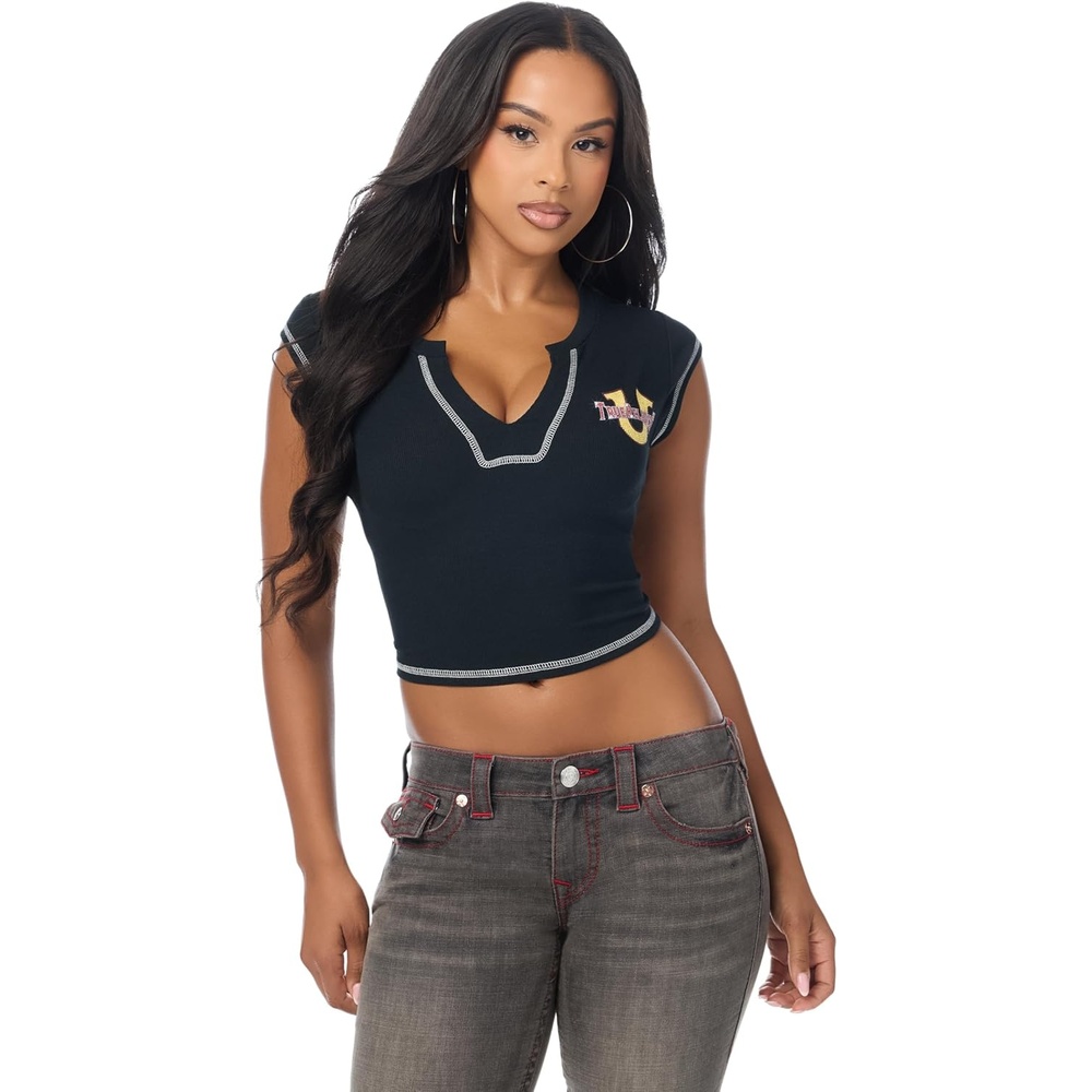 image:imageTrue Religion Womens Crystal Leopard Rib Notch Tee  Poly Rayon Blend Ribbed Knit Notch NecklineJet Black