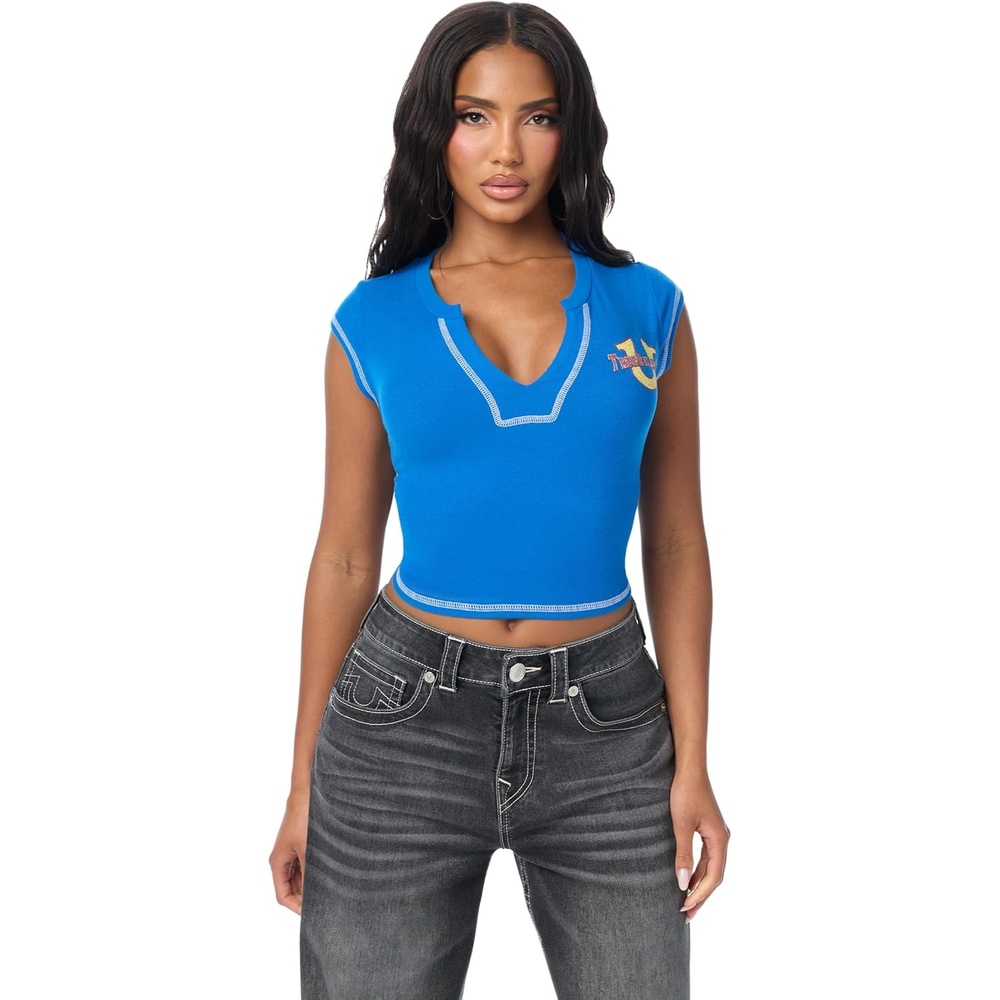 image:imageTrue Religion Womens Crystal Leopard Rib Notch Tee Poly Rayon Blend Ribbed Knit Notch NecklineLapis Blue