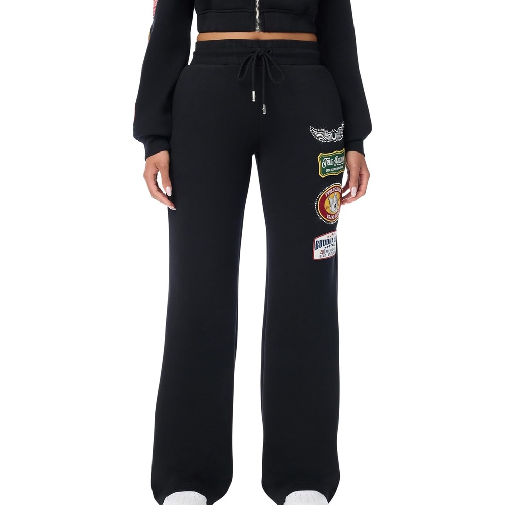 image:imageTrue Religion Womens Crystal Patch Mid Rise Straight Leg Sweatpants 60 Cotton 40 Polyester Comfortable FitJet Black