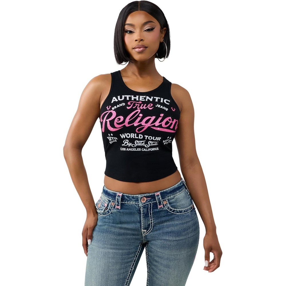 image:imageTrue Religion Womens Crystal Rib Tank Poly Rayon Blend Ribbed Fit Crystal Logo DetailJet Black
