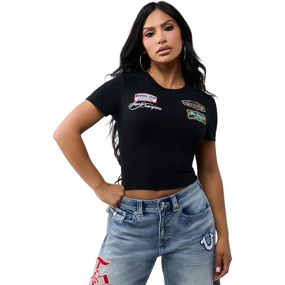 image:imageTrue Religion Womens Embroidered Patch Baby Tee 95 Cotton 5 Elastane Crew Neck Signature Embroidery DetailJet Black