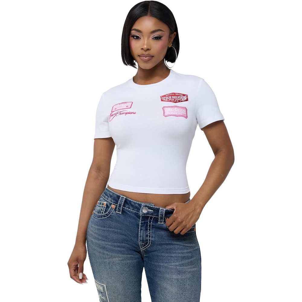 image:imageTrue Religion Womens Embroidered Patch Baby Tee 95 Cotton 5 Elastane Crew Neck Signature Embroidery DetailOptic White