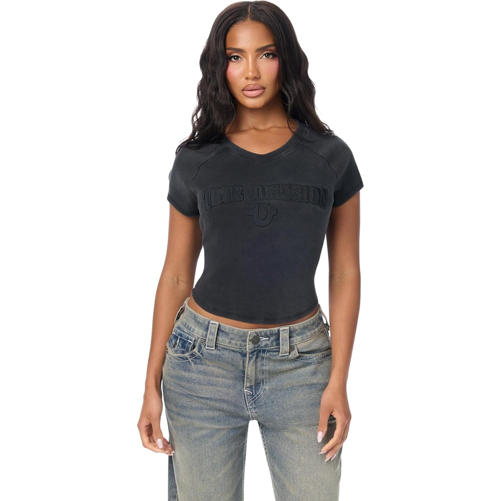 image:imageTrue Religion Womens Embroidered Washed Rib Baby Tee 95 Cotton Raglan Sleeve Washed FinishJet Black