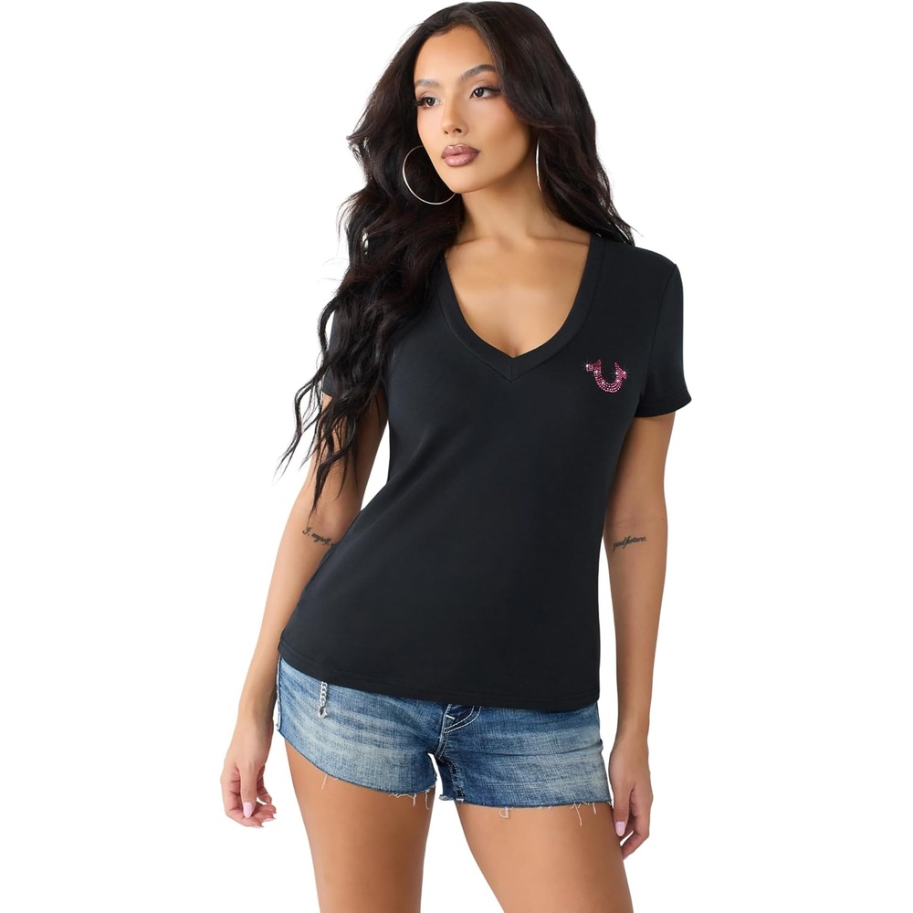 image:imageTrue Religion Womens Heritage Classic V Neck Tee Stretch FabricJet Black
