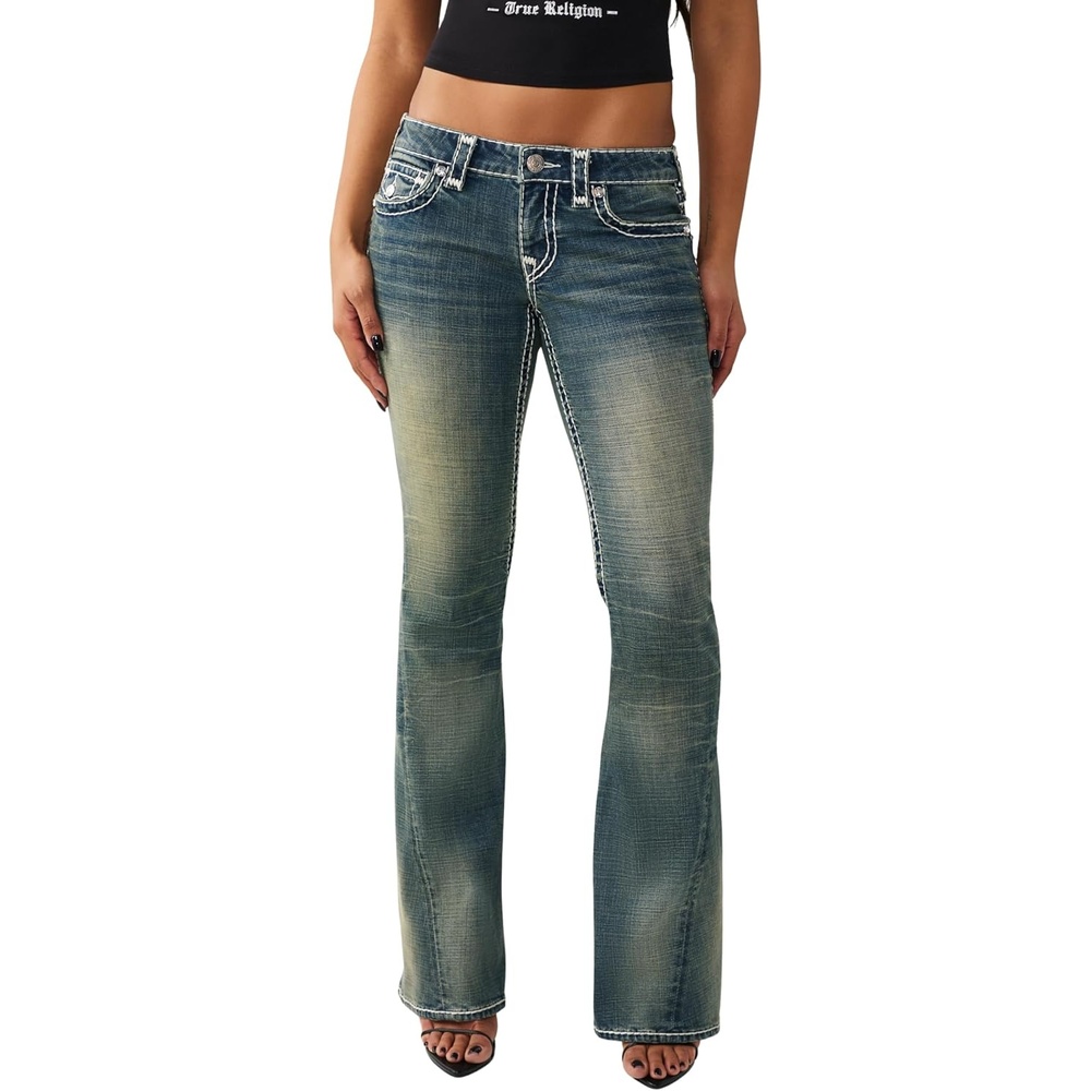 image:imageTrue Religion Womens Joey Low Rise Flare Super T Flap Pocket Jeans Cotton Blend Low Rise Fit Flap Pocket DetailDandelion Fade