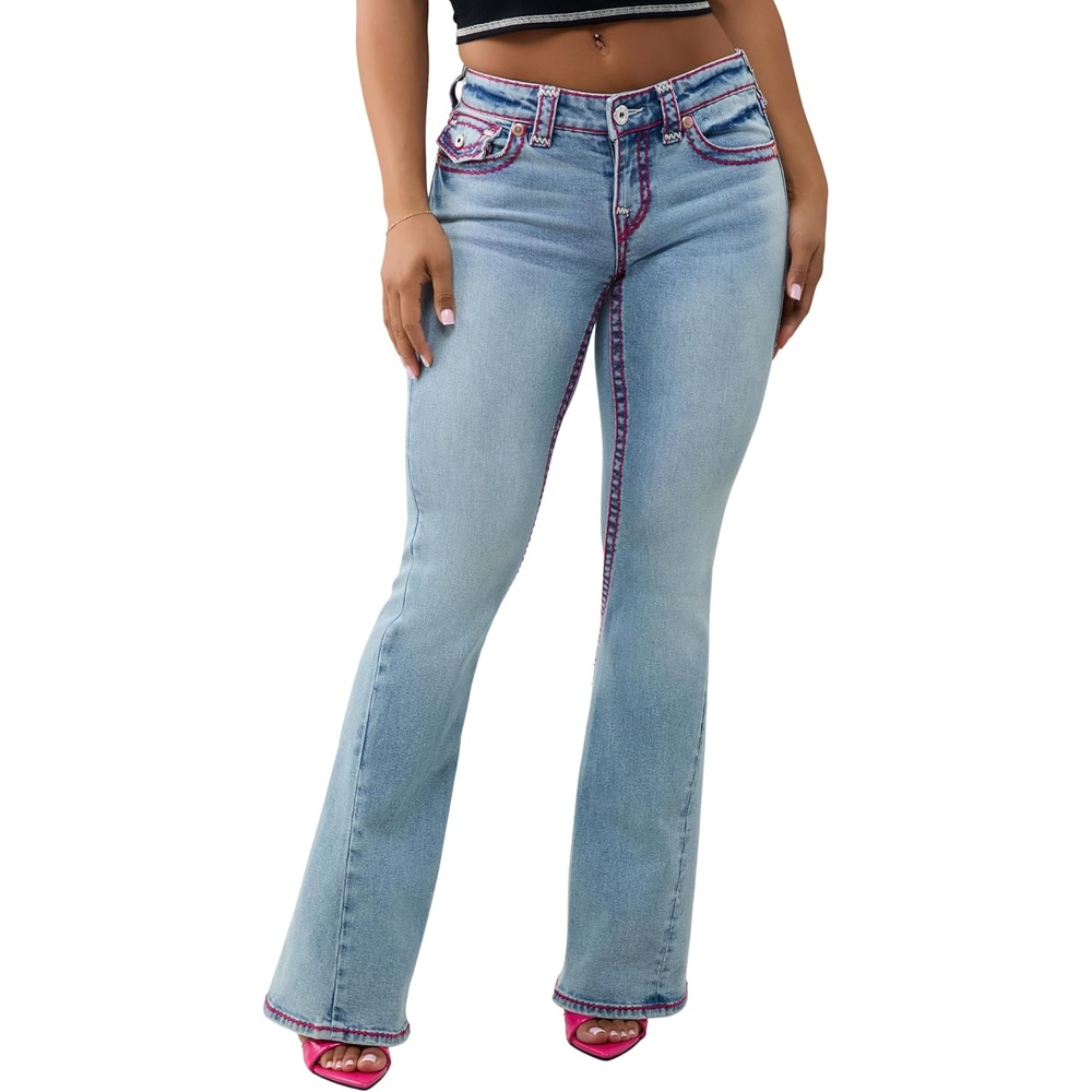 image:imageTrue Religion Womens Joey Low Rise Flare Super T Flap Pocket Jeans  Cotton Blend Low Rise Fit Flap Pocket DetailLucky Neon