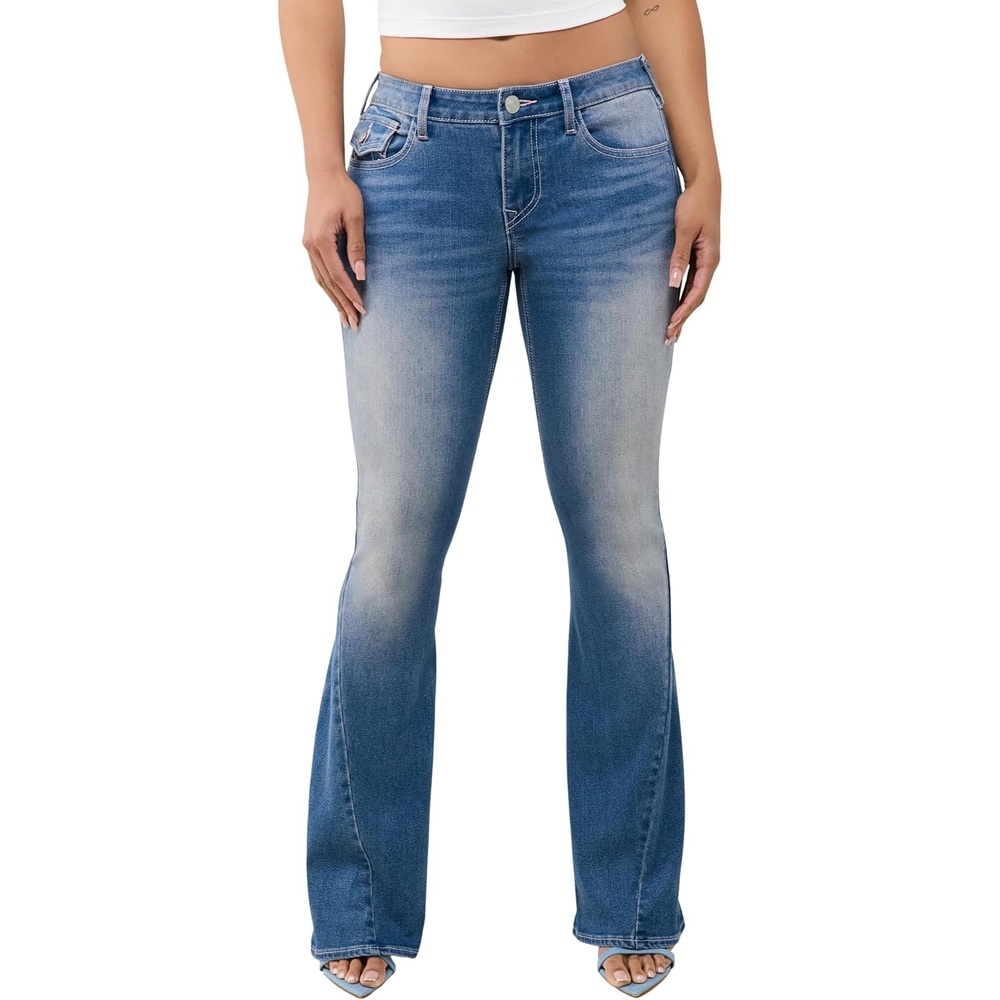 image:imageTrue Religion Womens Joey Skinny Mid Rise Flap Flare Jeans Cotton Blend Mid Rise Fit Flap Pocket DetailLight Big Sky Country Wash