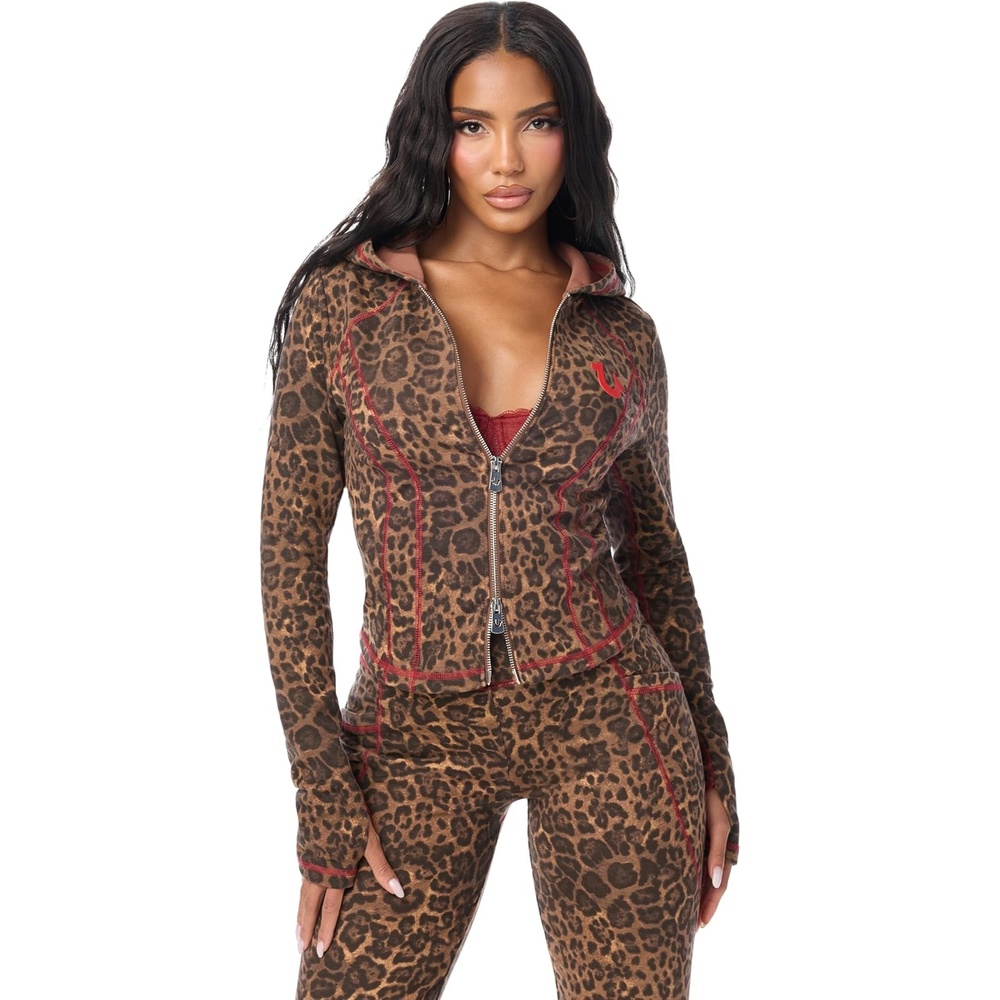image:imageTrue Religion Womens Leopard Baby Terry Zip Up Hoodie Cotton Modal Blend Soft Zip Up Baby Terry FabricLeopard