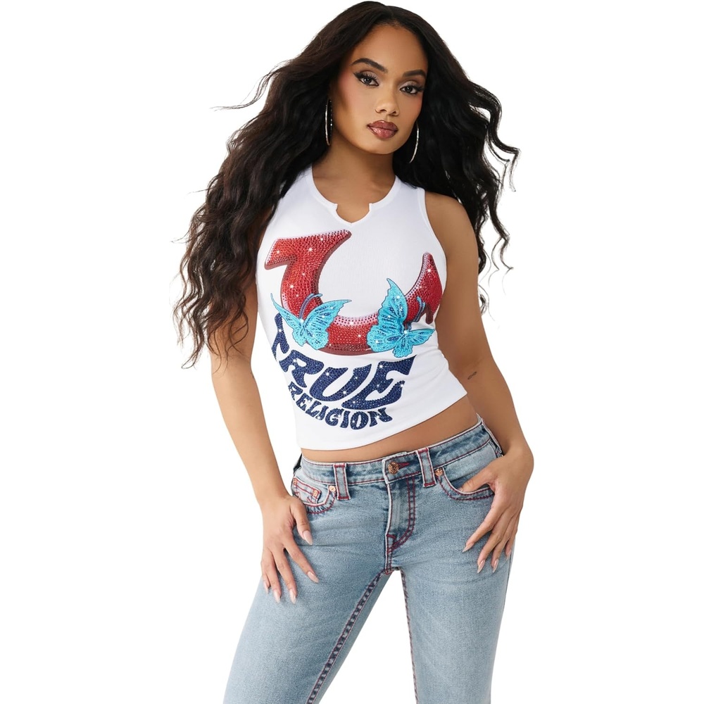 image:imageTrue Religion Womens Notch Crop Tank RacerbackWhite