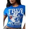 True Religion Women’s Crystal Buddha Anniversary Tee – 95% Cotton Blend, Crew Neck, Signature Graphic Detail(Nautical Blue)