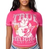 True Religion Women’s Crystal Buddha Anniversary Tee – 95% Cotton Blend, Crew Neck, Signature Graphic Detail(Pink Peacock)