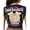 True Religion Women’s Crystal Leopard Rib Notch Tee – Poly Rayon Blend, Ribbed Knit, Notch Neckline(Jet Black)