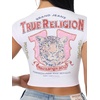 True Religion Women’s Crystal Leopard Rib Notch Tee – Poly Rayon Blend, Ribbed Knit, Notch Neckline(White)