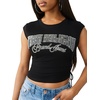 True Religion Women’s Crystal Short Sleeve Baby Top | Cropped Ruched Tee(Jet Black)