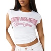 True Religion Women’s Crystal Short Sleeve Baby Top | Cropped Ruched Tee(Optic White)