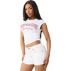 True Religion Women’s Crystal Short Sleeve Baby Top | Cropped Ruched Tee(Optic White)