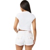 True Religion Women’s Crystal Short Sleeve Baby Top | Cropped Ruched Tee(Optic White)