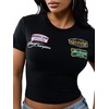 True Religion Women’s Embroidered Patch Baby Tee – 95% Cotton 5% Elastane, Crew Neck, Signature Embroidery Detail(Jet Black)