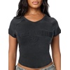 True Religion Women’s Embroidered Washed Rib Baby Tee – 95% Cotton, Raglan Sleeve, Washed Finish(Jet Black)