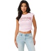 True Religion Women’s Crystal Short Sleeve Baby Top | Cropped Ruched Tee(Cherry Blossom)